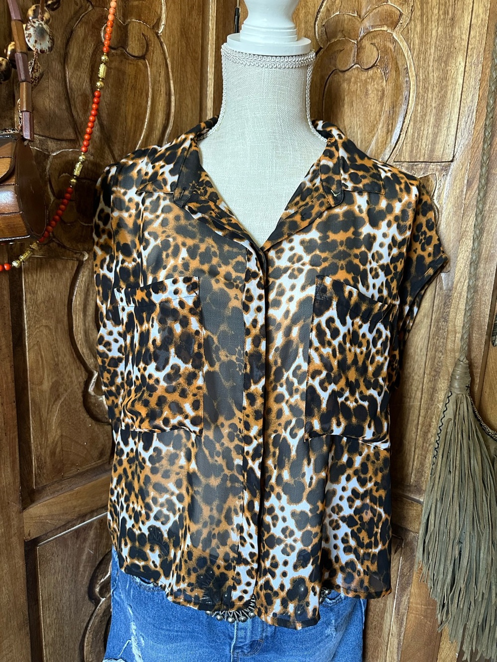 BISOU BISOU vintage sheer leopard blouse.